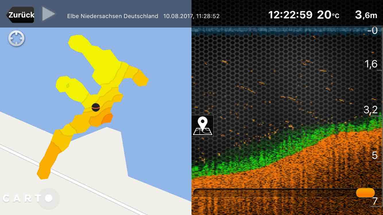 Deeper Sonar- und Kartenansicht beim Scannen eines Gewässers