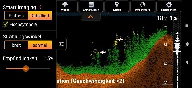 Deeper-App mit Sonarbild und Kartenansicht