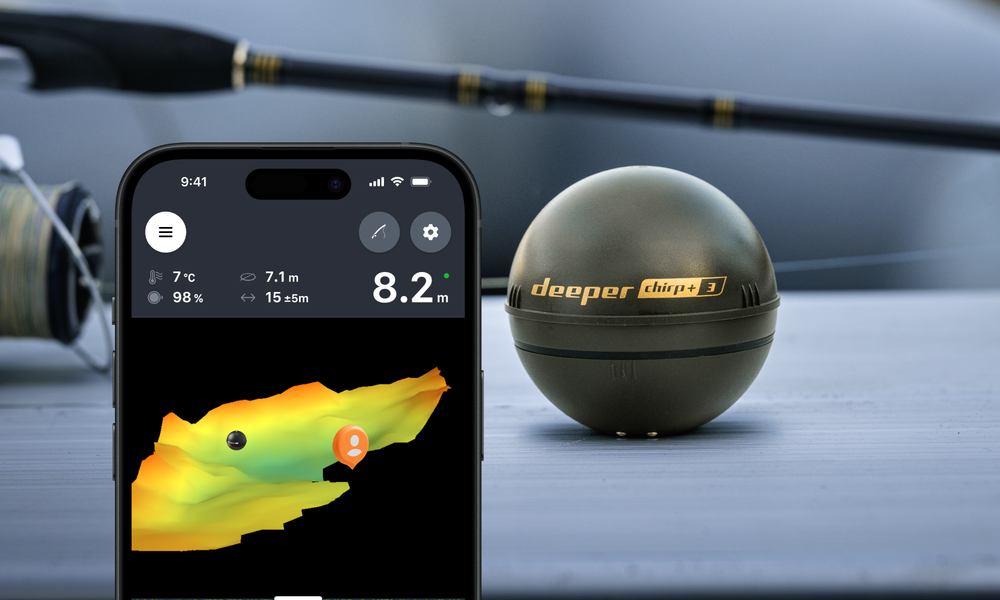 Herstellerdarstellung einer persönlichen 3D-Tiefenkarte in der Deeper-App neben dem CHIRP+ 3