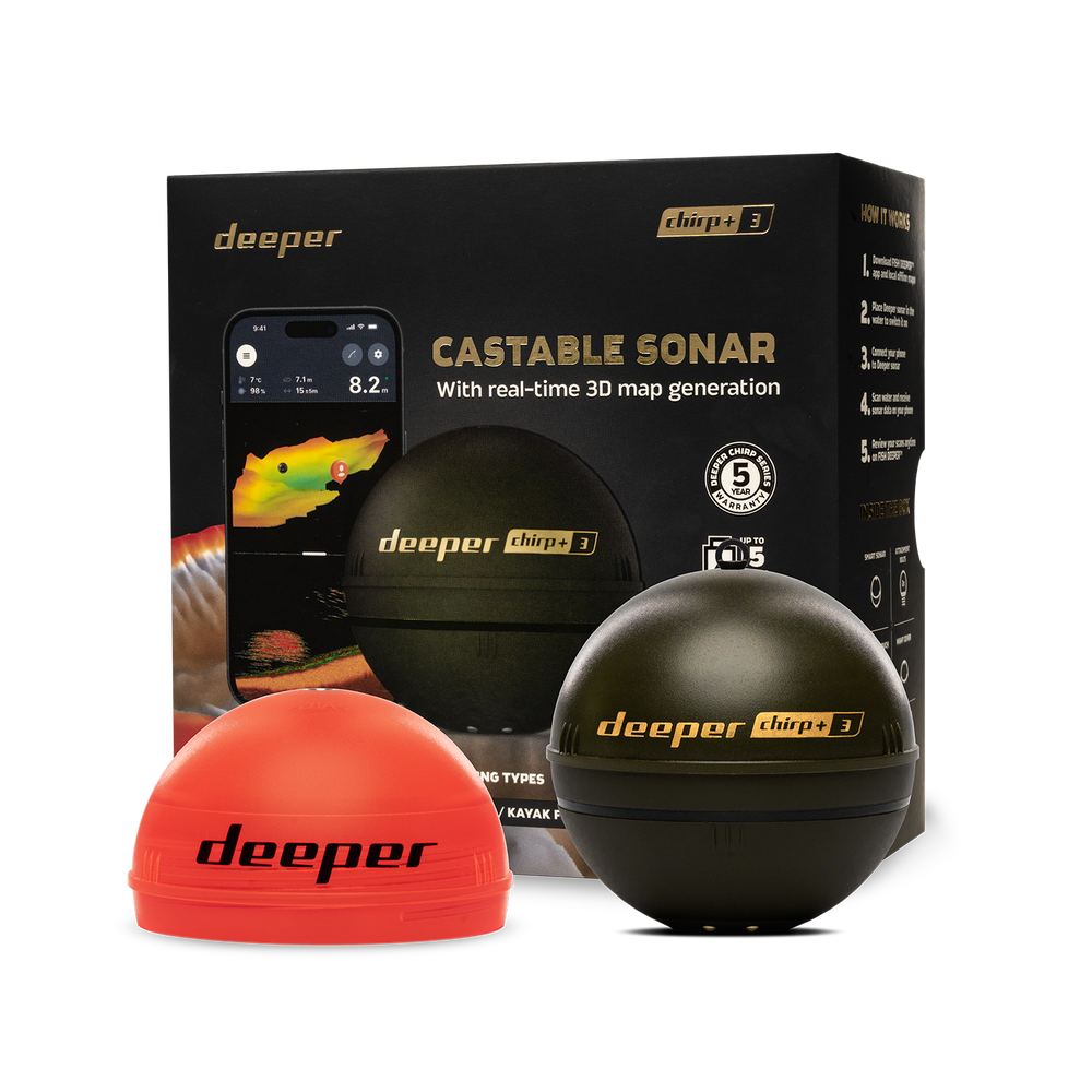 Deeper CHIRP+ 3 mit Verpackung und orangefarbener Abdeckung in der Herstellerdarstellung
