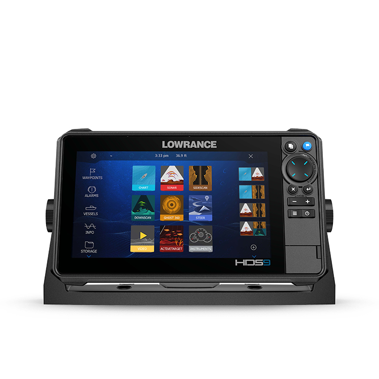 Lowrance HDS PRO 9 mit Startmenü, Steuerkreuz und Tasten