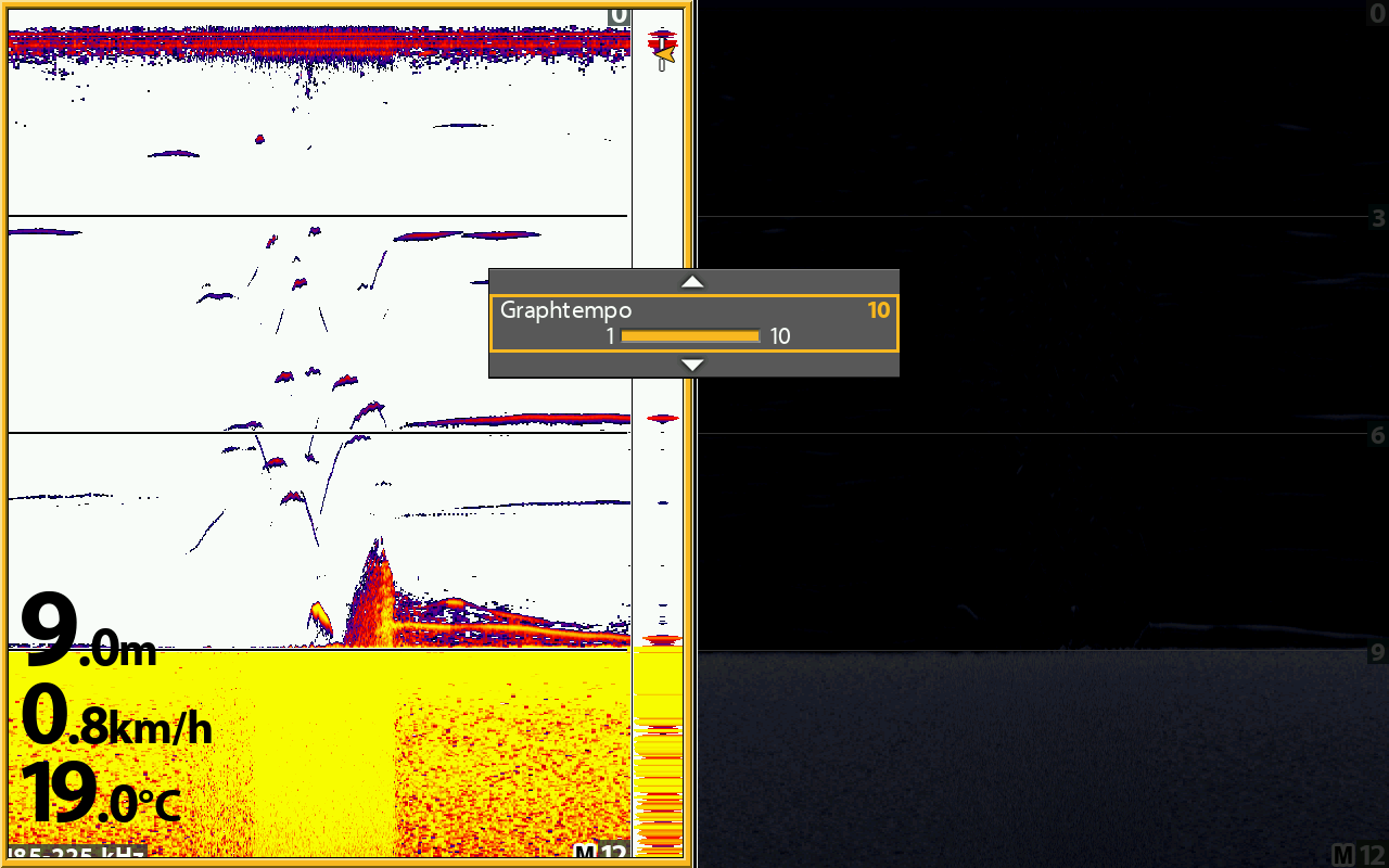 Geteilte Sonaransicht mit Graphtempo 10 und langen Echos bei 0,8 km/h