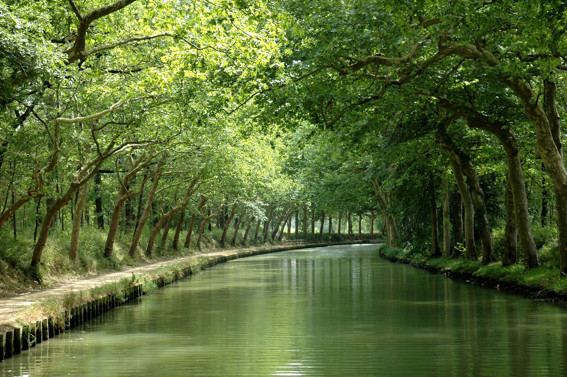 Baumbestandener Kanal mit befestigtem Ufer