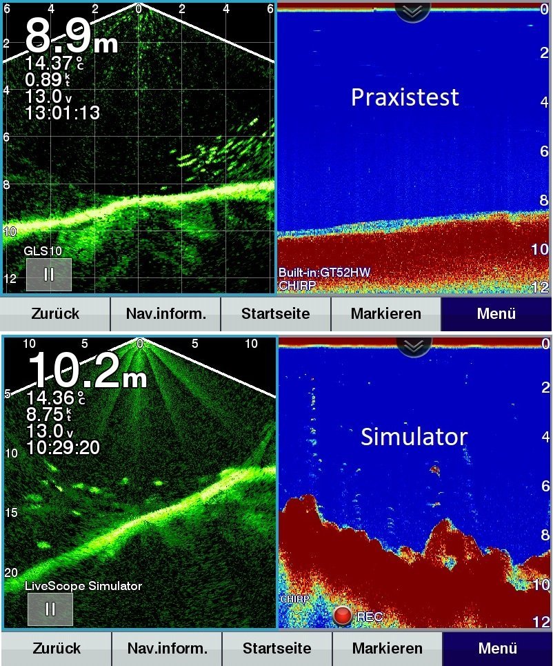 Abb. 4 Garmin LiveScope Praxistest, Livescope Bild Vergleich Praxis-Simulator Echolot