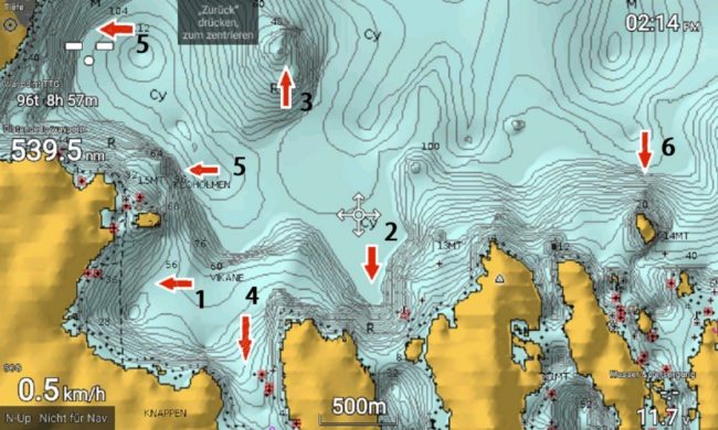 Mit einer bathymetrischen Karte (Angelkarte, Navionics Platinum+) sind mögliche Hotspots für das Zanderangeln im Frühling schnell ausgemacht.