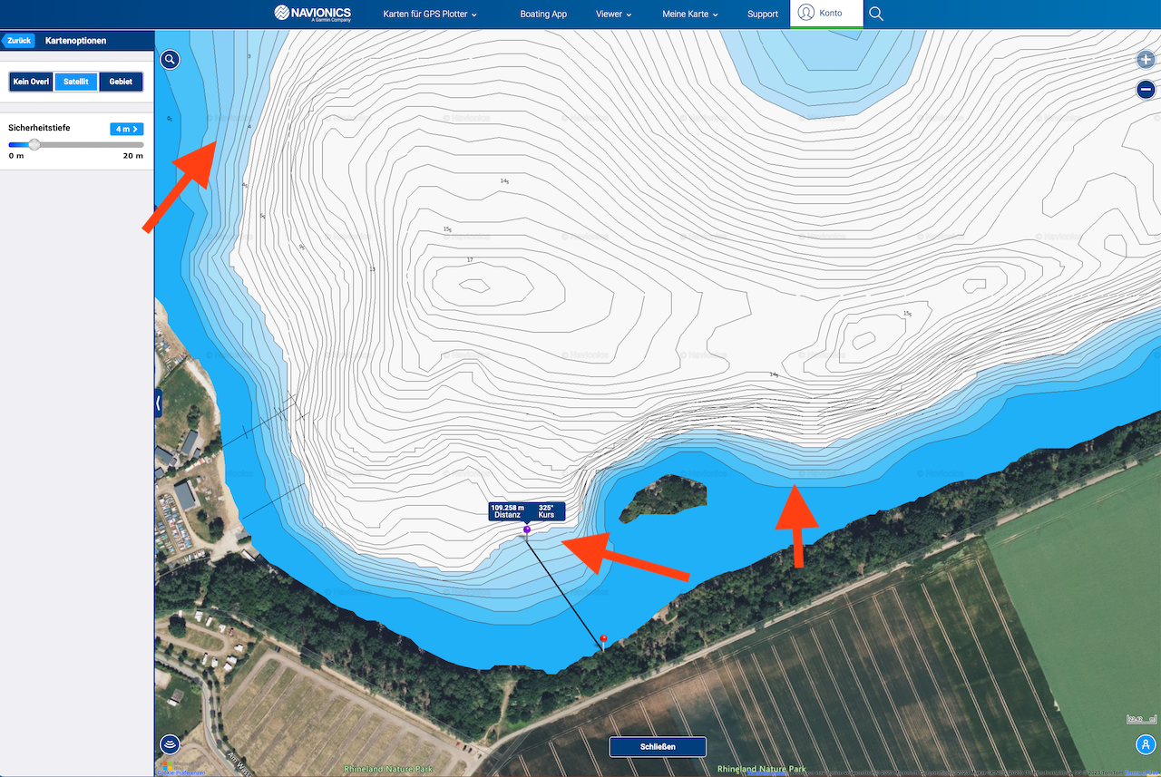 Karpfen angeln im Frühjahr - Tiefenkarte - Zülpicher See - Navionics (Garmin) - südliche Bucht